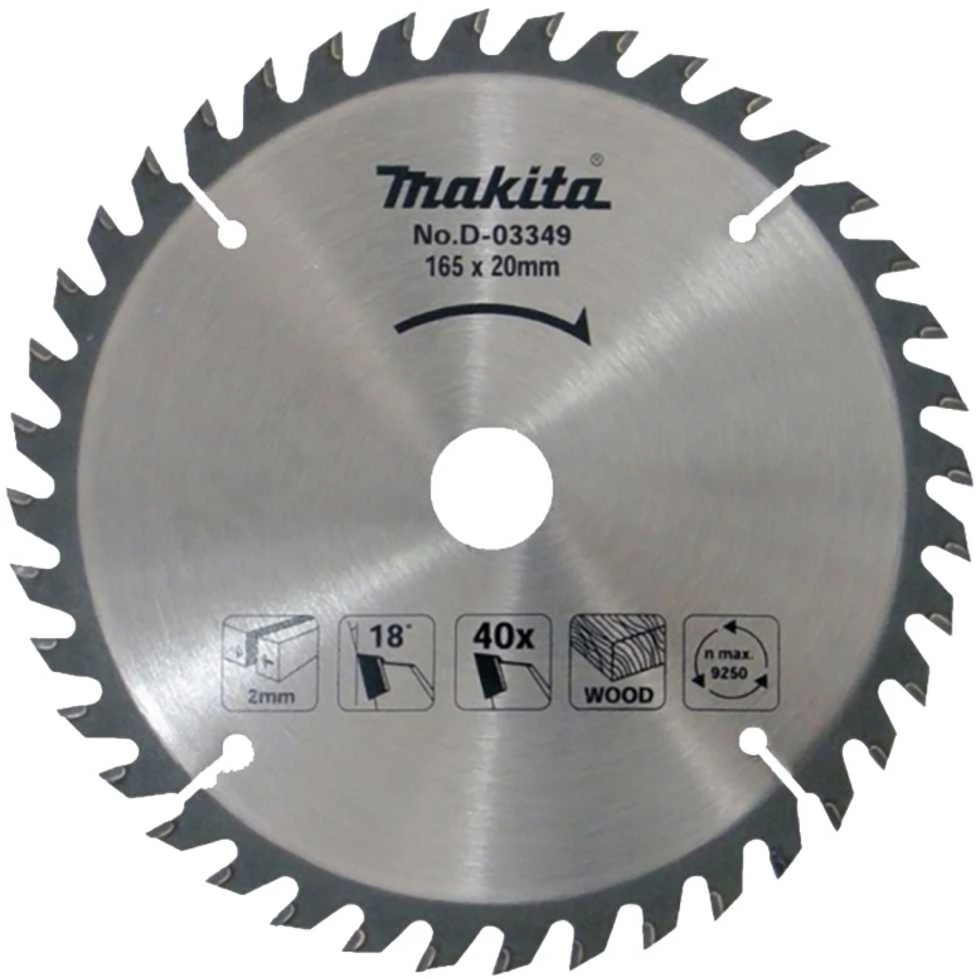 Makita T.C.T. pjūklas 165X2X20mm 18° T40 D-03349 T.C.T • 165 x20 mm • T40 • 18° • Medienai