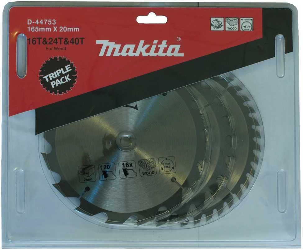 Makita T.C.T. pjūklas 165X2X20mm 20/20/18° T16/24/40 D-44753 T.C.T • 165 x20 mm • T16/24/40 • 20/20/18° • Medienai