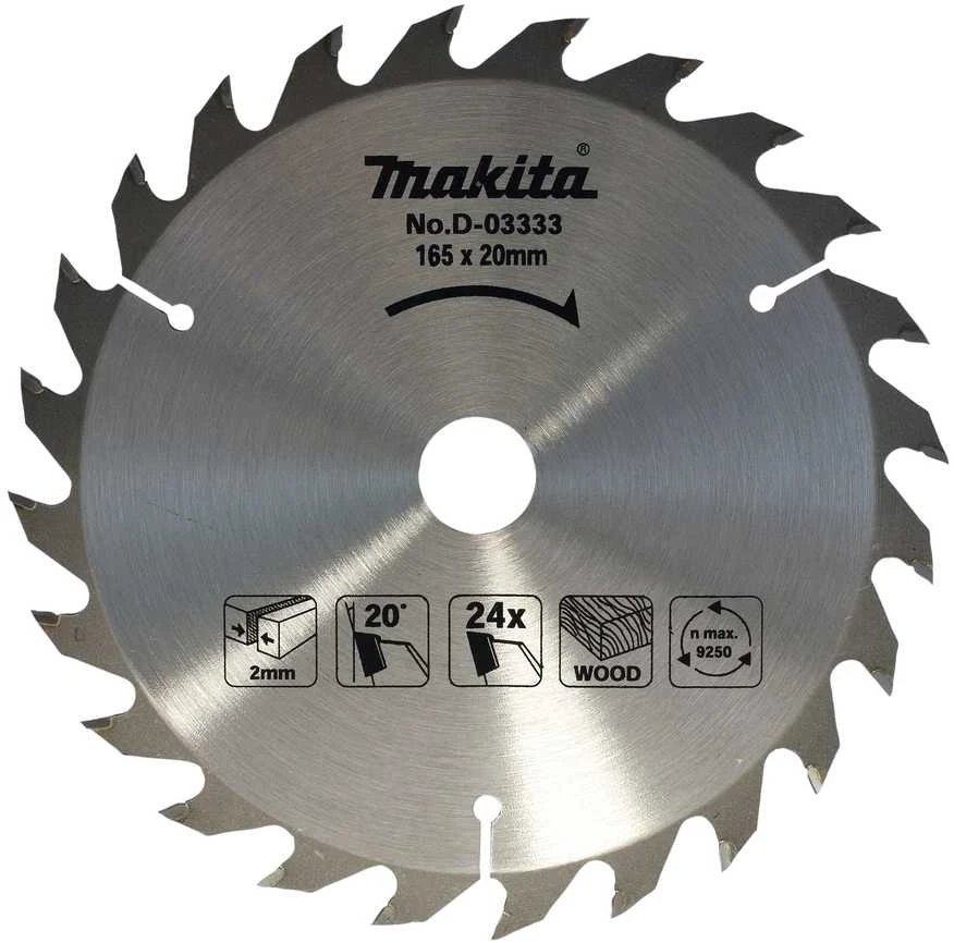 Makita T.C.T. pjūklas 165X2X20mm 20° T24 D-03333 T.C.T • 165 x20 mm • T24 • 20° • Medienai