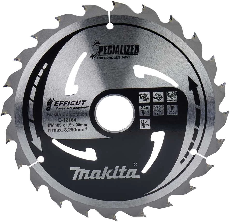 Makita T.C.T. pjūklas 185X1.5X30mm 15° T24 EFFICUT klijuotoms plokštėms E-12164