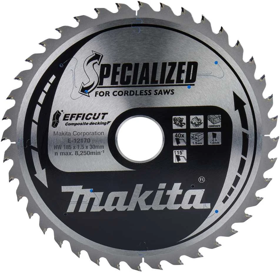 Makita T.C.T. pjūklas 185X1.5X30mm 15° T40 EFFICUT klijuotoms plokštėms E-12170