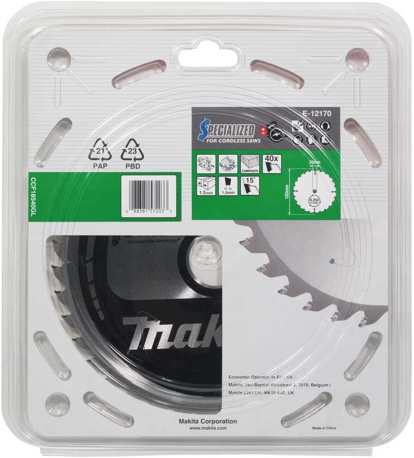 Makita T.C.T. pjūklas 185X1.5X30mm 15° T40 EFFICUT klijuotoms plokštėms E-12170