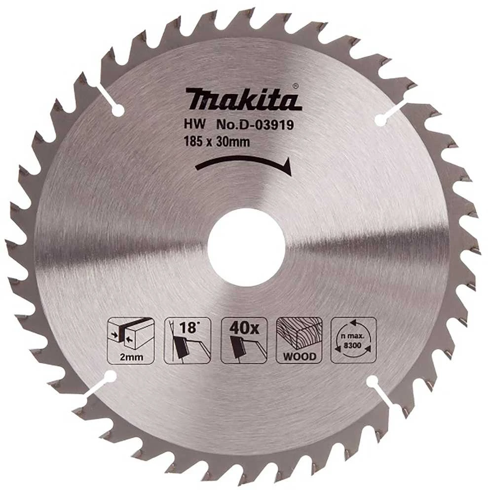 Makita T.C.T. pjūklas 185X2X30mm 18° T40 D-03919 T.C.T • 185 x30 mm • T40 • 18° • Medienai