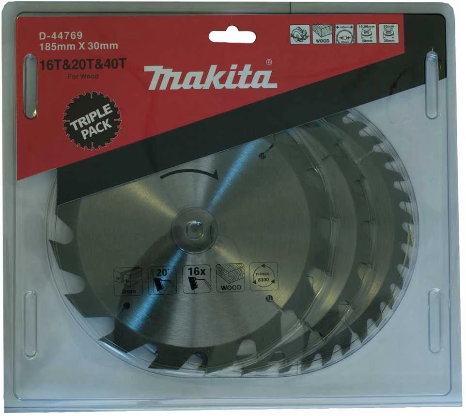 Makita T.C.T. pjūklas 185X2X30mm 20/20/18° T16/24/40 D-44769 T.C.T • 185 x30 mm • T16/24/40 • 20/20/18° • Medienai