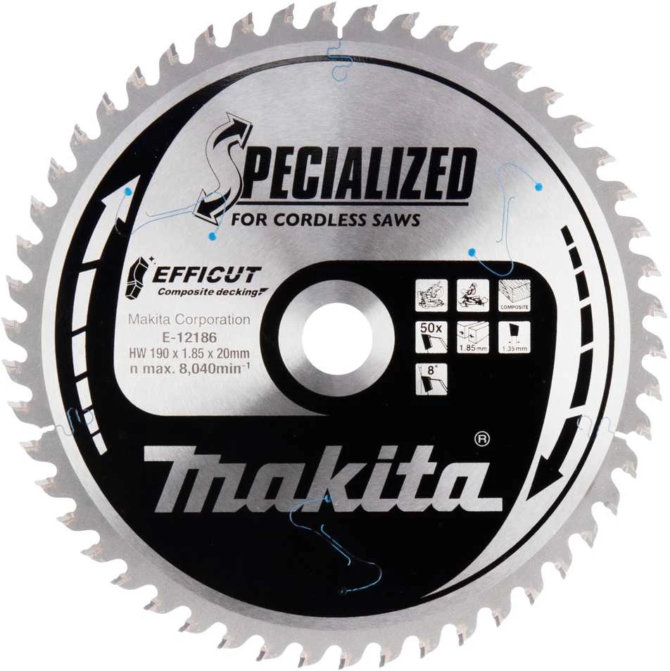 Makita T.C.T. pjūklas 190X1.85X20mm 8° T50 EFFICUT klijuotoms plokštėms E-12186