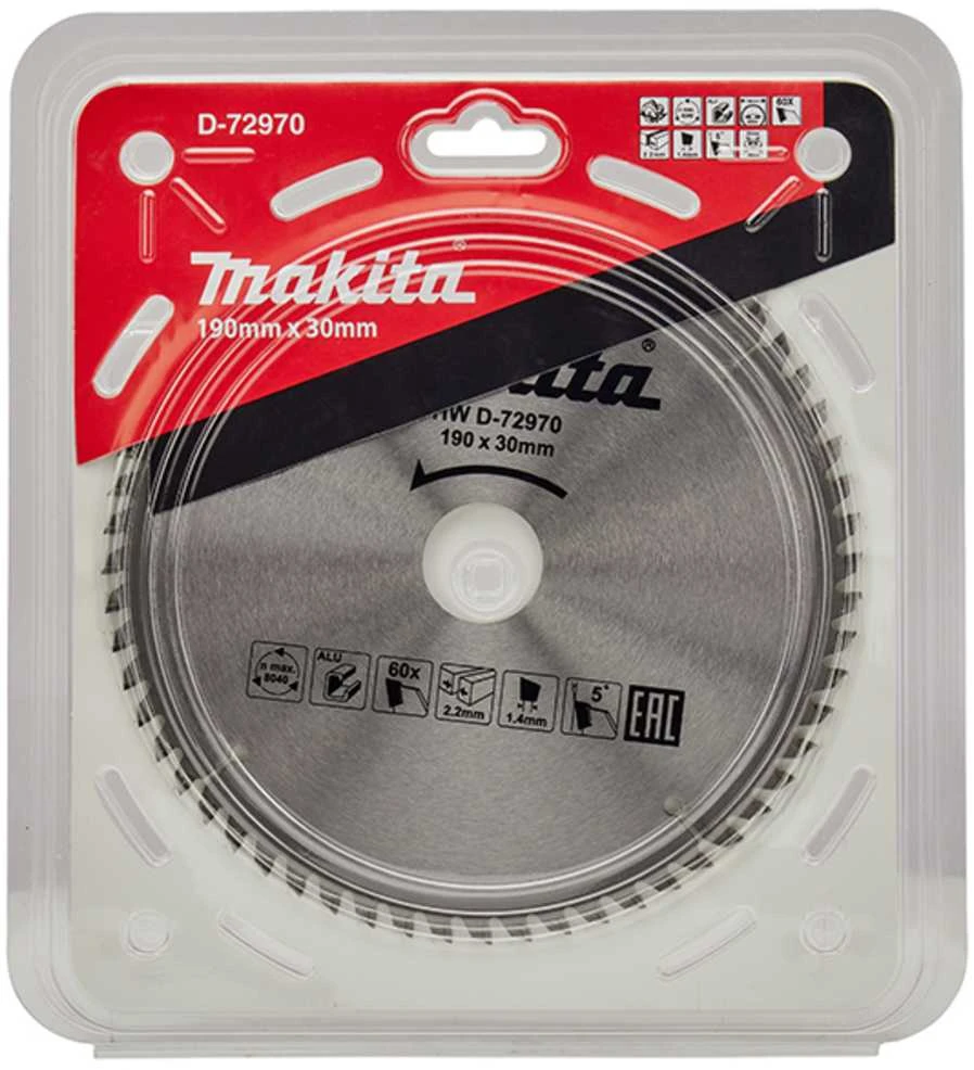 Makita T.C.T. pjūklas 190X2.2X30mm 5° T60 D-72970 T.C.T • 190 x 30/20 mm • 60 T • Aluminio