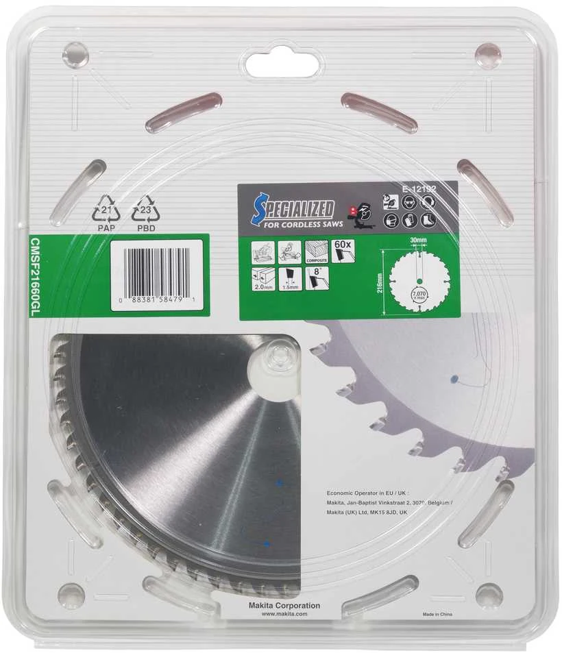 Makita T.C.T. pjūklas 216X2.0X30mm 15° T60 EFFICUT klijuotoms plokštėms E-12192
