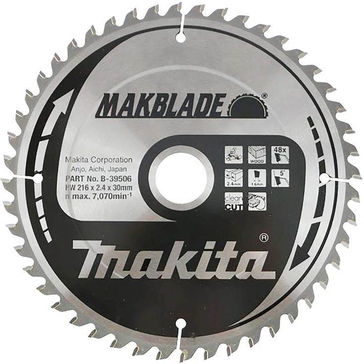 Makita T.C.T. pjūklas 216X2.4X30mm 5° T48 MAKBLADE B-39506 T.C.T • 216 x30 mm • T48 • 5° • Medienai