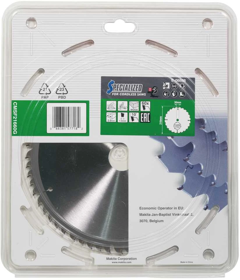 Makita T.C.T. pjūklas 216X30X2,0MM 10° T60 E-08888 T.C.T • 216 x 30 mm • 60 T • 10° • Medienai