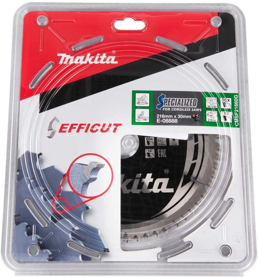 Makita T.C.T. pjūklas 216X30X2,0MM 10° T60 E-08888 T.C.T • 216 x 30 mm • 60 T • 10° • Medienai