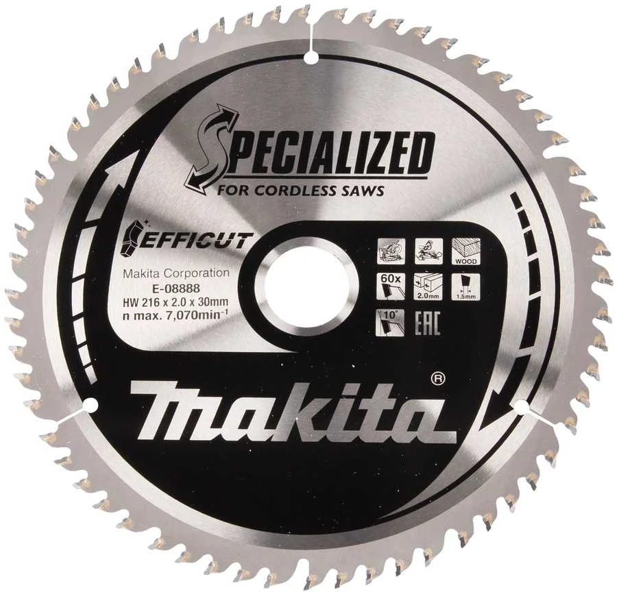 Makita T.C.T. pjūklas 216X30X2,0MM 10° T60 E-08888 T.C.T • 216 x 30 mm • 60 T • 10° • Medienai