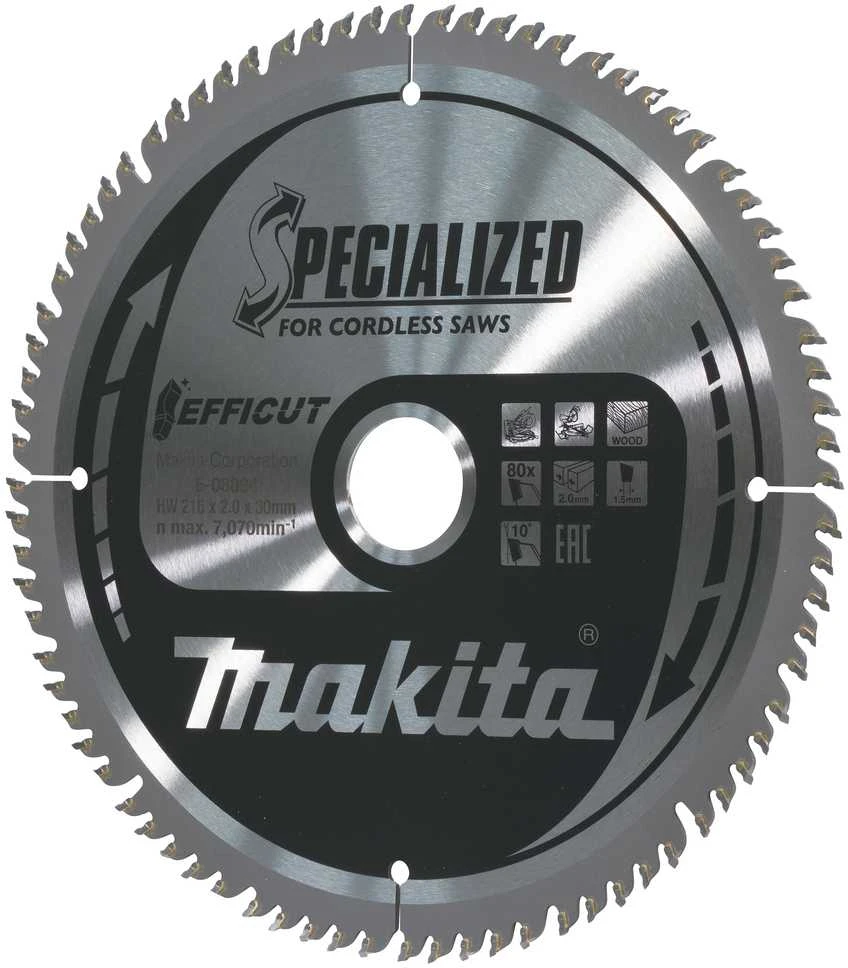 Makita T.C.T. pjūklas 216X30X2,0MM 10° T80 E-08894 T.C.T • 216 x 30 mm • 80T • 10° • Medienai
