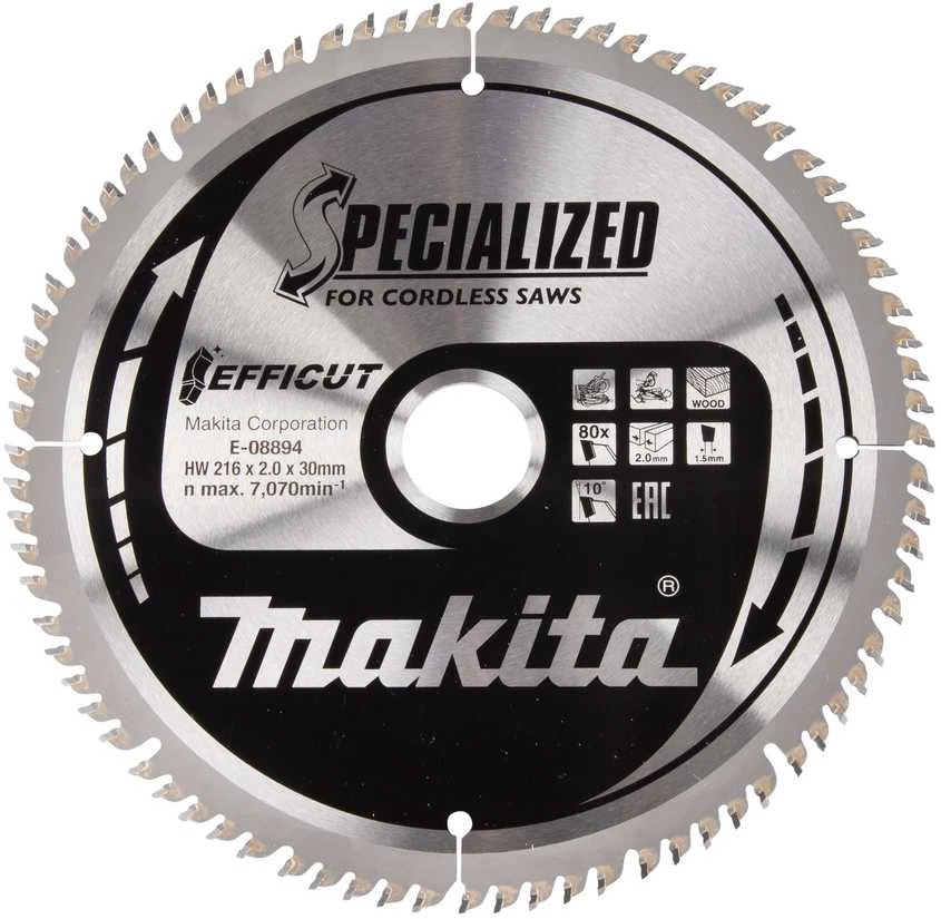 Makita T.C.T. pjūklas 216X30X2,0MM 10° T80 E-08894 T.C.T • 216 x 30 mm • 80T • 10° • Medienai