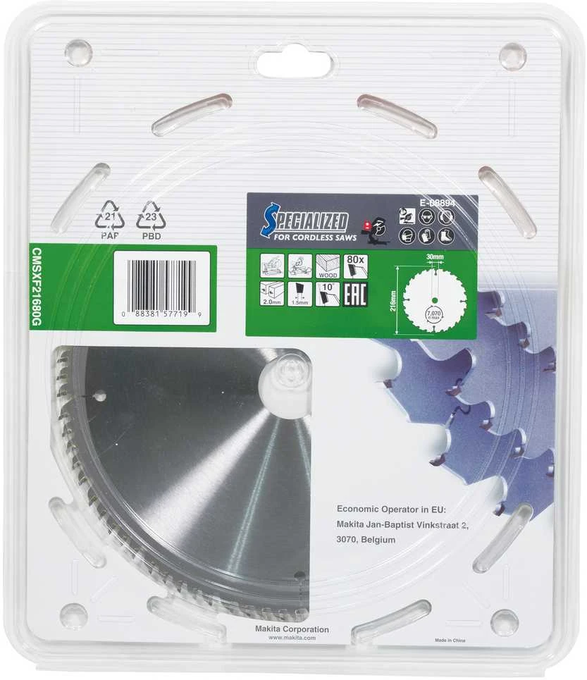 Makita T.C.T. pjūklas 216X30X2,0MM 10° T80 E-08894 T.C.T • 216 x 30 mm • 80T • 10° • Medienai