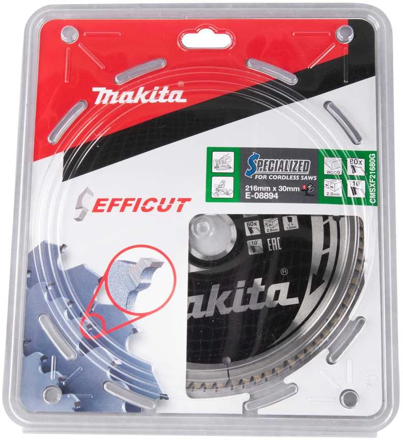 Makita T.C.T. pjūklas 216X30X2,0MM 10° T80 E-08894 T.C.T • 216 x 30 mm • 80T • 10° • Medienai
