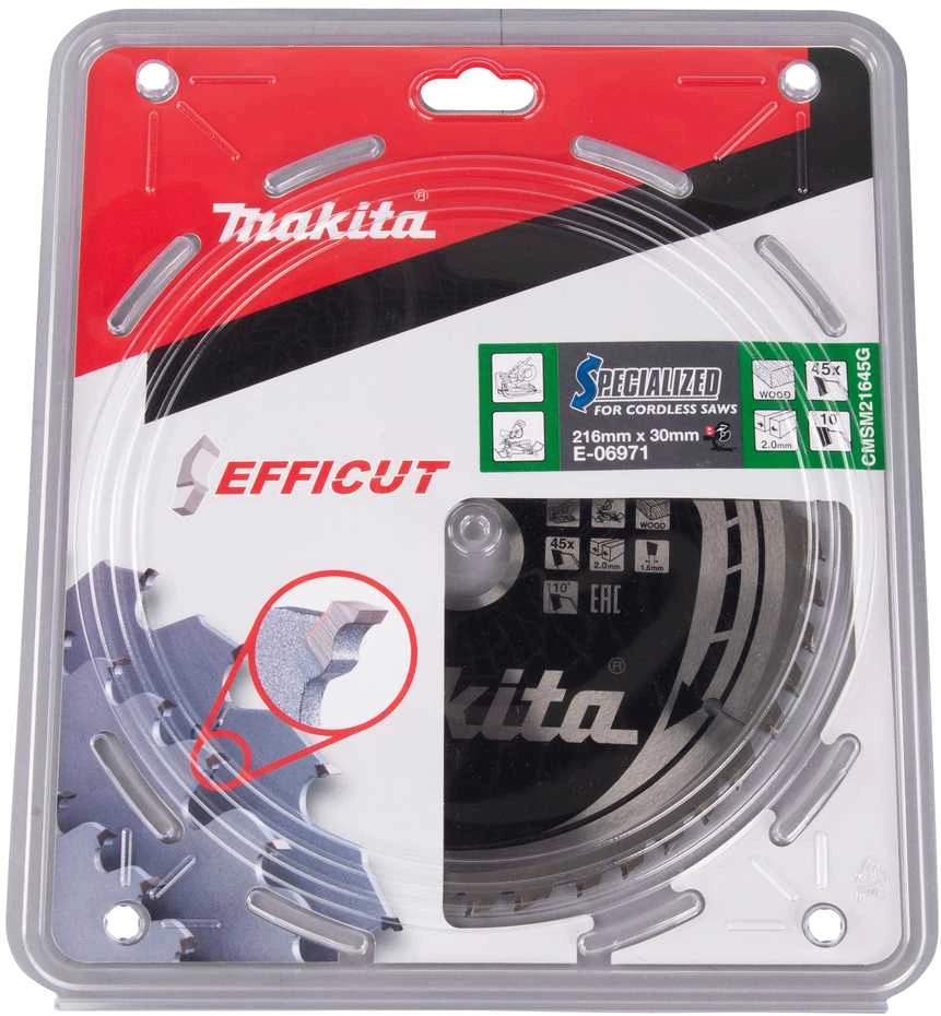 Makita T.C.T. pjūklas 216X30X2,0MM, Z-45, 10°, EFFICUT E-06971 T.C.T • 216 x 30 mm • 45 T • 10° • Medienai
