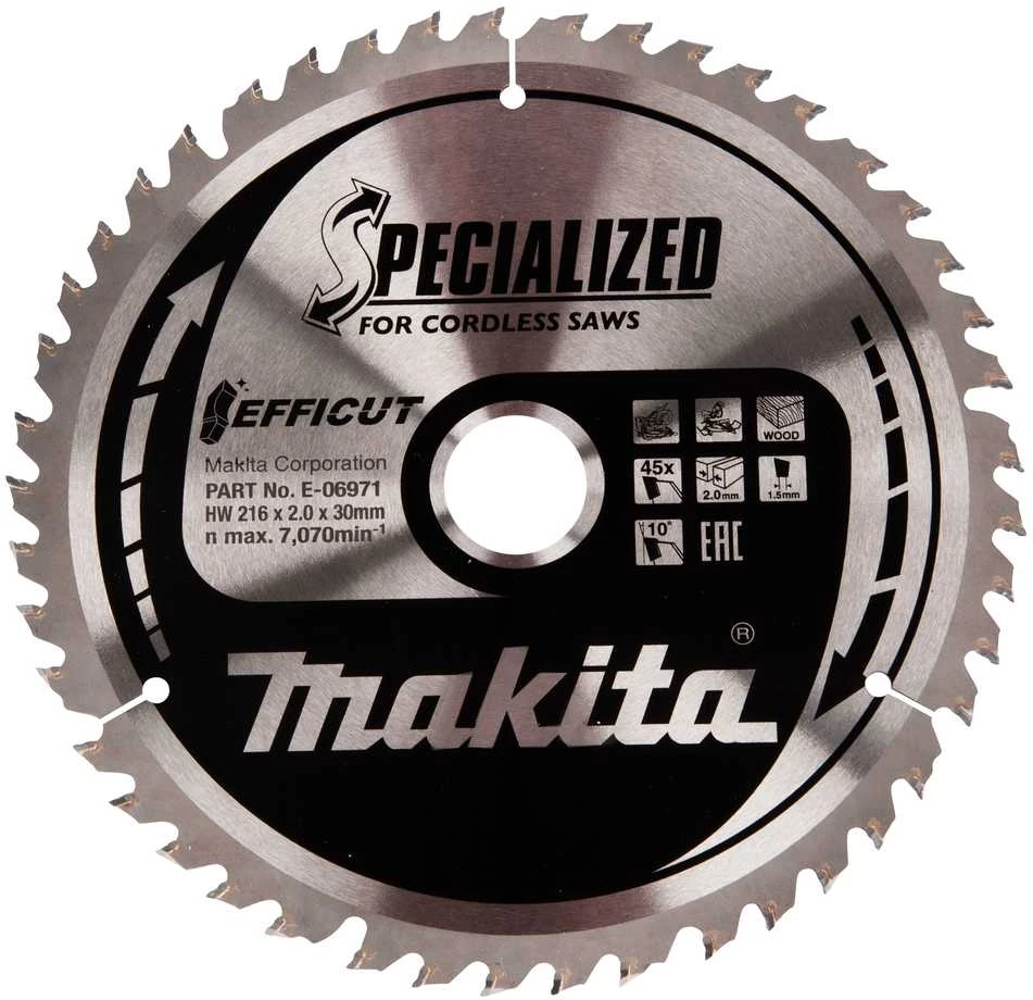 Makita T.C.T. pjūklas 216X30X2,0MM, Z-45, 10°, EFFICUT E-06971 T.C.T • 216 x 30 mm • 45 T • 10° • Medienai