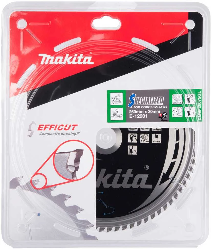 Makita T.C.T. pjūklas 260X2.15X30mm 15° T75 EFFICUT klijuotoms plokštėms E-12201
