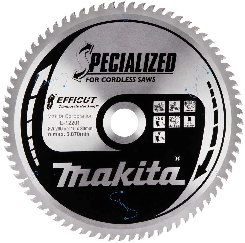 Makita T.C.T. pjūklas 260X2.15X30mm 15° T75 EFFICUT klijuotoms plokštėms E-12201