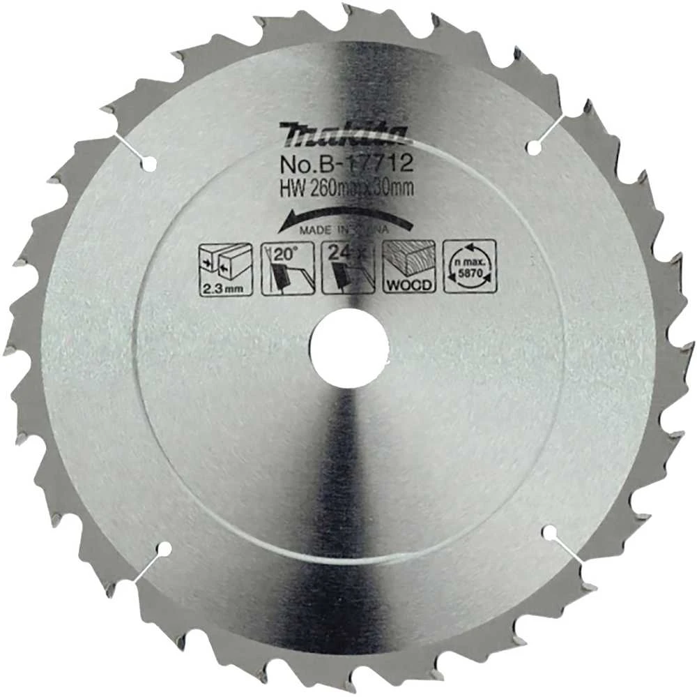 Makita T.C.T. pjūklas 260X2.3X30mm 20° T24 B-17712 T.C.T • 260 x30 mm • T24 • 20° • Medienai