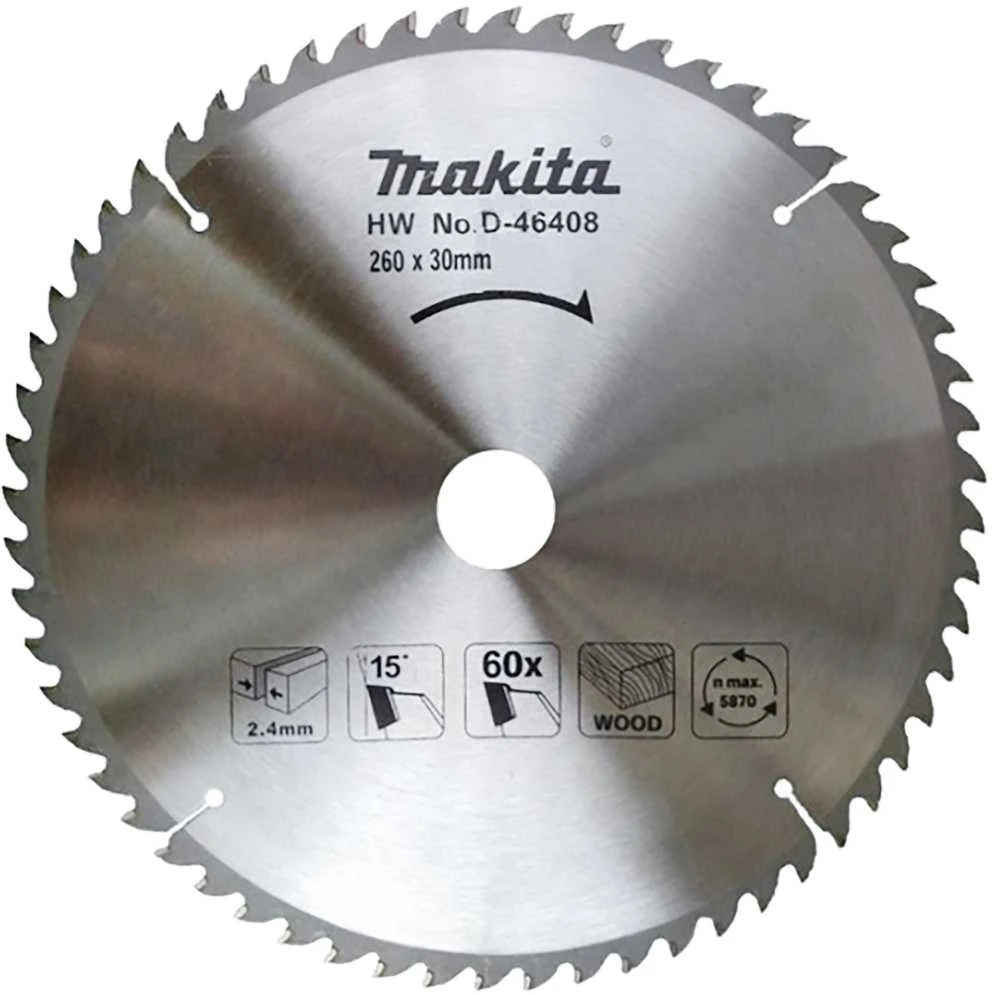 Makita T.C.T. pjūklas 260X2.4X30mm 15° T60 D-46408 T.C.T • 260 x30 mm • T60 • 15° • Medienai