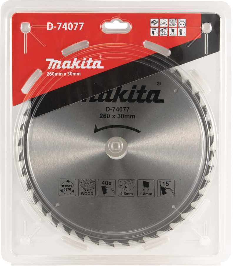 Makita T.C.T. pjūklas 260X2.6X30mm 15° T40 Standartiniai medienai D-74077