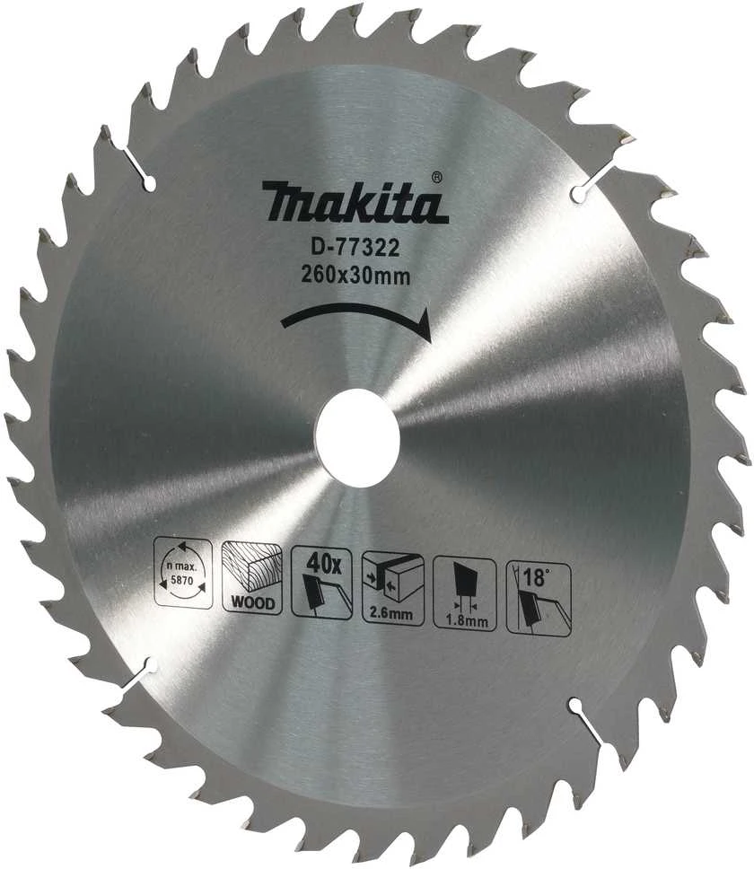 Makita T.C.T. pjūklas 260X2.6X30mm 18° T40 Standartiniai medienai D-77322