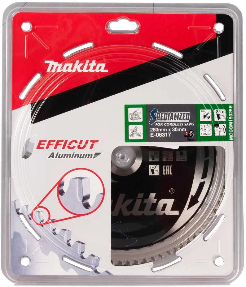 Makita T.C.T. pjūklas 260X30X1,85MM, Z-81, EFFICUT Aluminum E-06317 T.C.T • 260 x 30 mm • 81 T • Aluminum