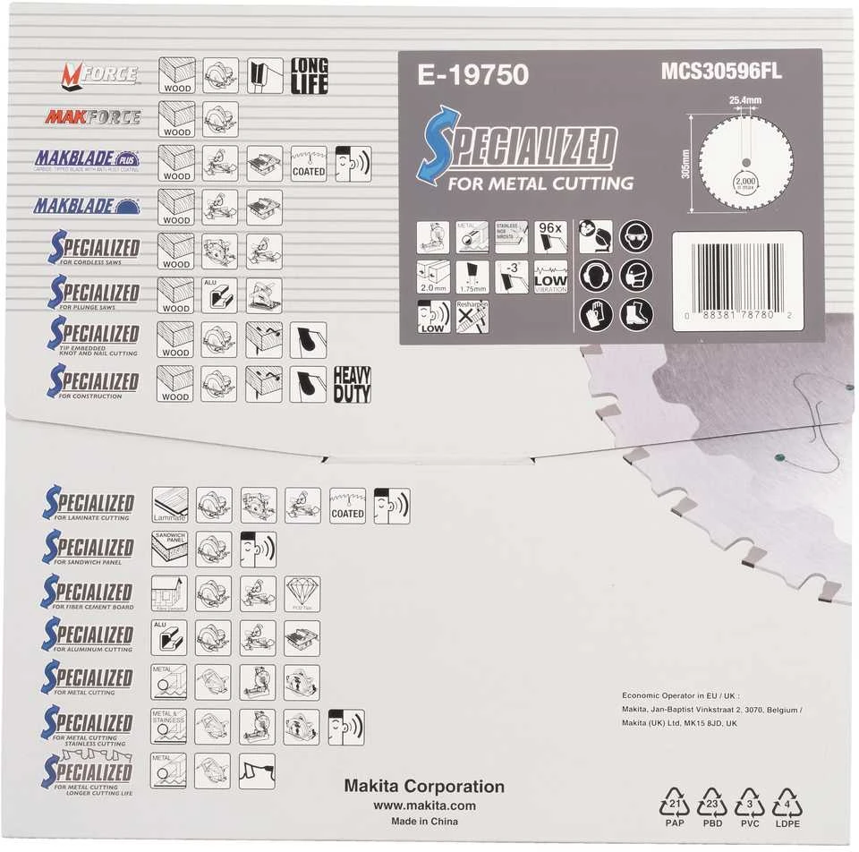 Makita T.C.T. pjūklas 305x2 x 25.4mm 96T EFFICUT Metal E-19750