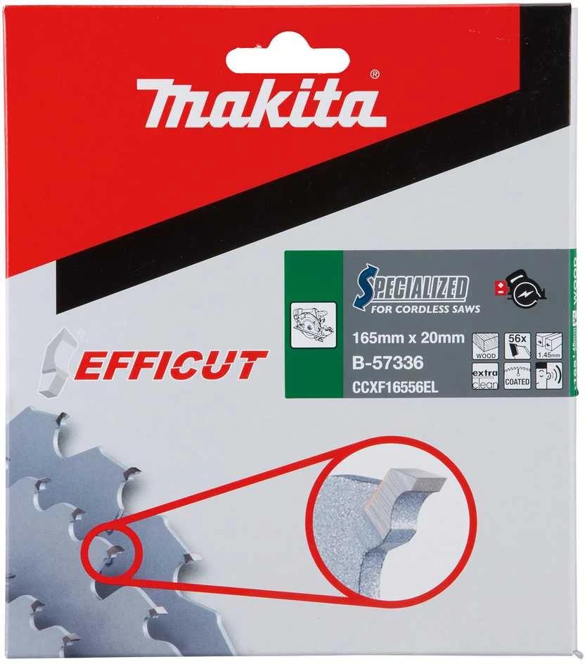 Makita T.C.T. pjūklas EFFICUT 165X1.45X20mm 23° T56 B-57336 T.C.T • 165 x20 mm • T56 • 23° • Medienai/MDF/laminatui