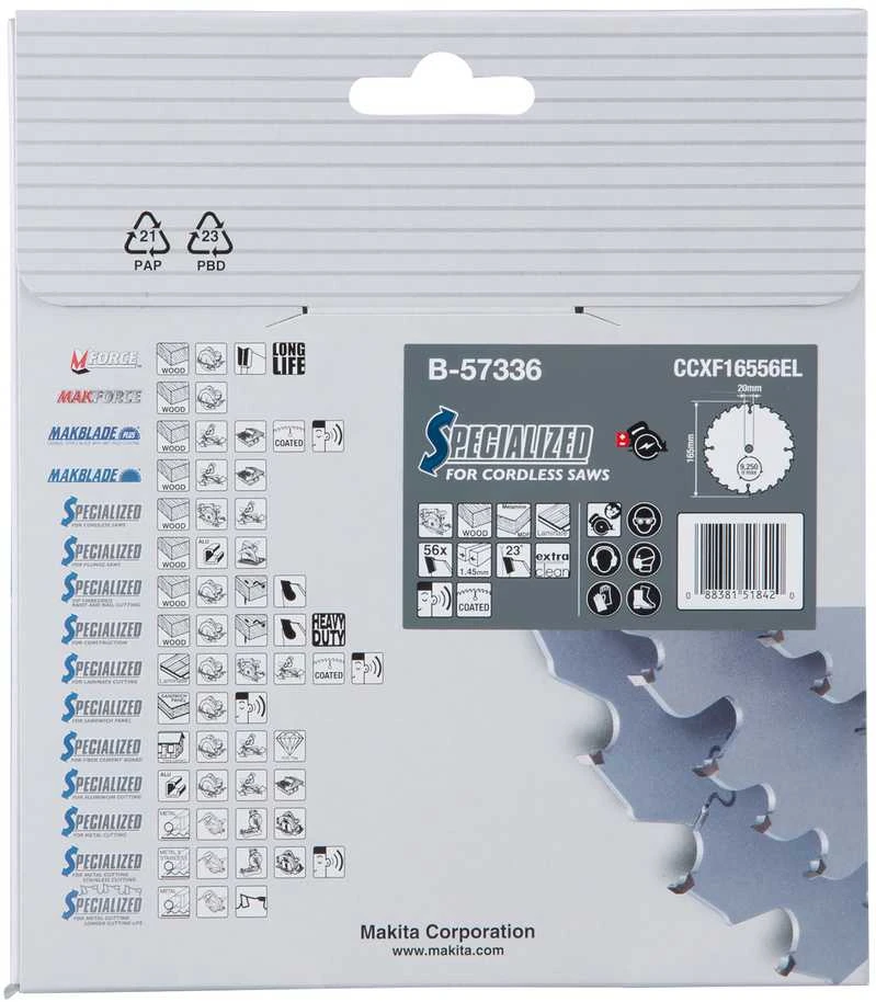 Makita T.C.T. pjūklas EFFICUT 165X1.45X20mm 23° T56 B-57336 T.C.T • 165 x20 mm • T56 • 23° • Medienai/MDF/laminatui