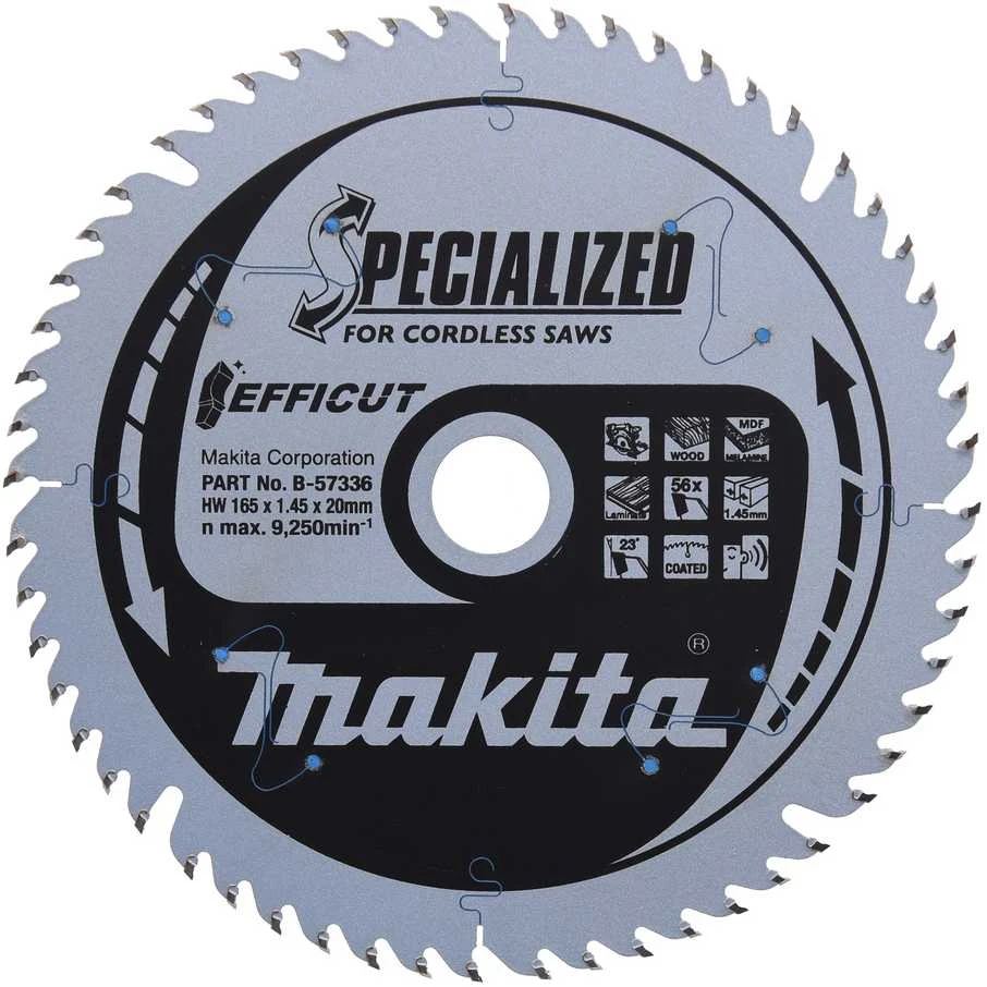 Makita T.C.T. pjūklas EFFICUT 165X1.45X20mm 23° T56 B-57336 T.C.T • 165 x20 mm • T56 • 23° • Medienai/MDF/laminatui