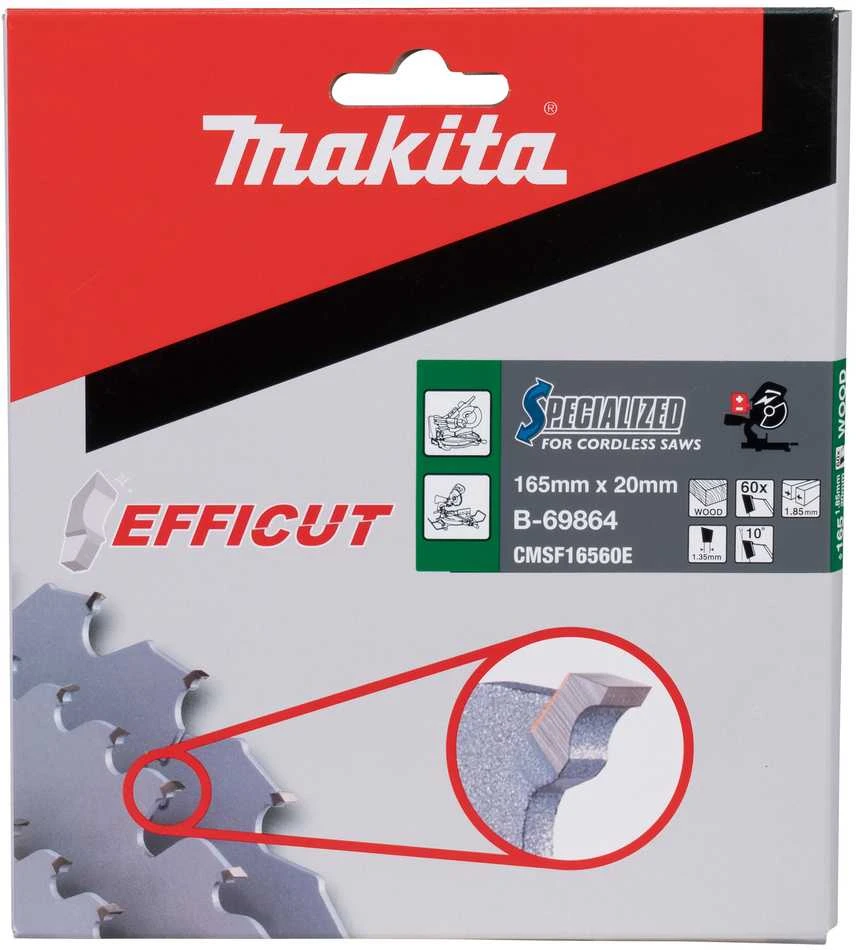 Makita T.C.T. pjūklas EFFICUT 165X1.85X20mm 10° T60 B-69864 T.C.T • 165 x20 mm • T60 • 10° • Medienai