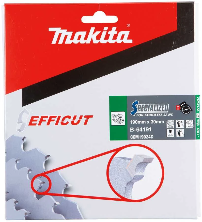 Makita T.C.T. pjūklas EFFICUT 190X1.45X30mm 23° T24 B-64191 T.C.T • 190 x30 mm • T24 • 23° • Medienai