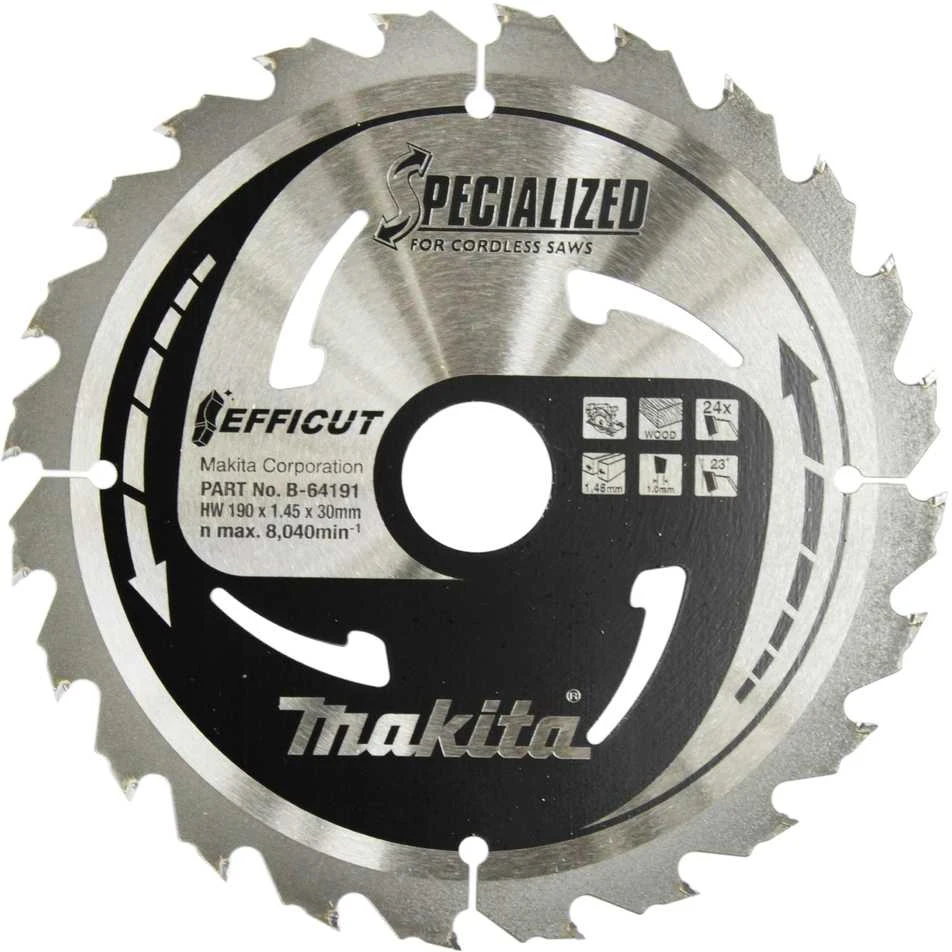 Makita T.C.T. pjūklas EFFICUT 190X1.45X30mm 23° T24 B-64191 T.C.T • 190 x30 mm • T24 • 23° • Medienai
