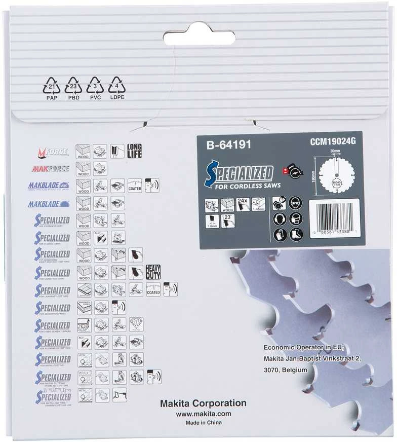 Makita T.C.T. pjūklas EFFICUT 190X1.45X30mm 23° T24 B-64191 T.C.T • 190 x30 mm • T24 • 23° • Medienai