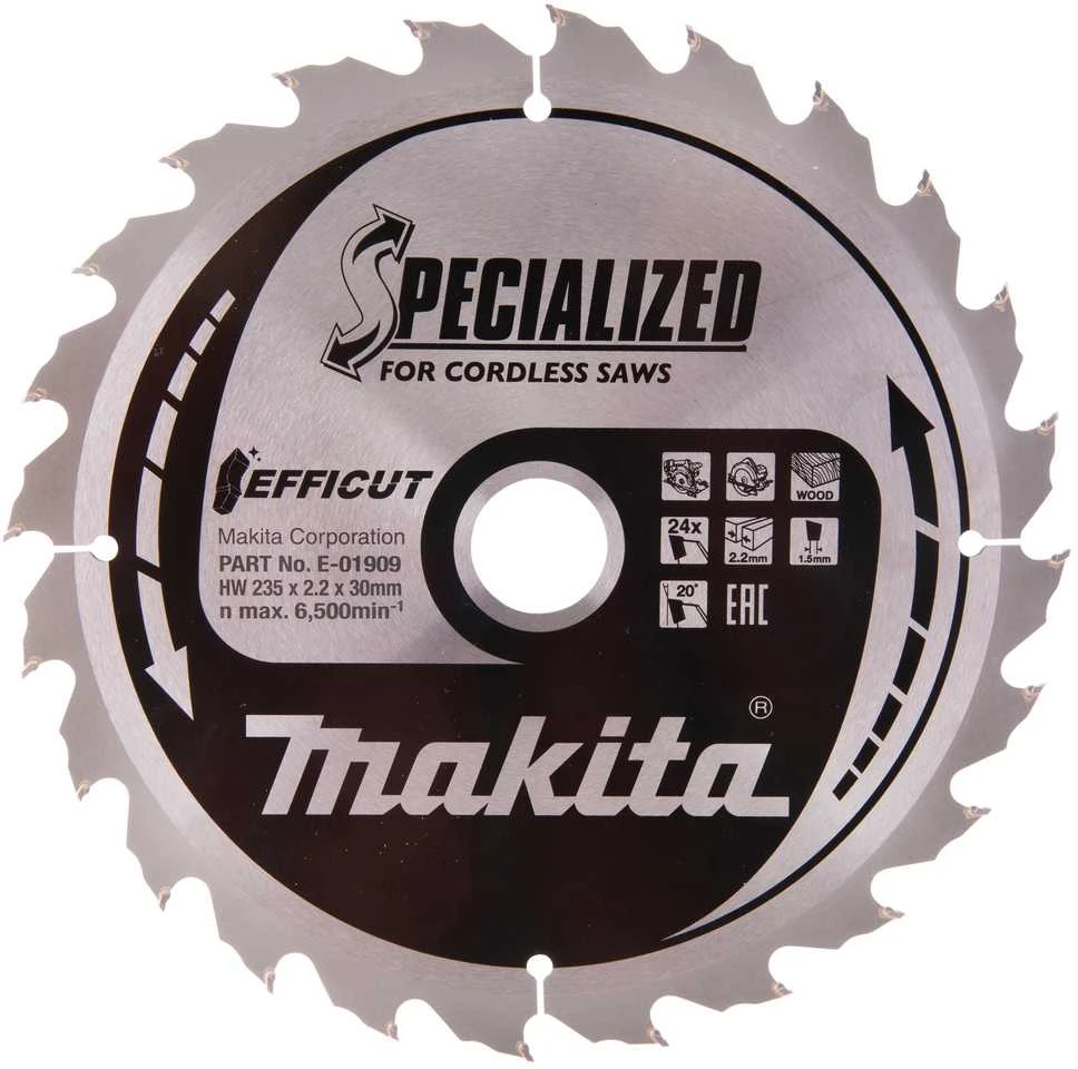 Makita T.C.T. pjūklas EFFICUT 235X2.2X30mm 20° T24 E-01909 T.C.T • 235 x30 mm • T24 • 20° • Medienai