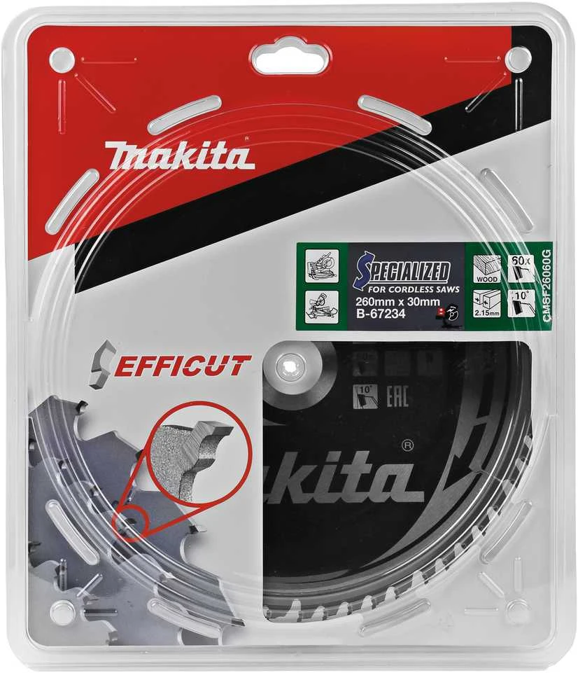 Makita T.C.T. pjūklas EFFICUT 260X2.15X30mm 10° T60 B-67234 T.C.T • 260 x30 mm • T60 • 10° • Medienai