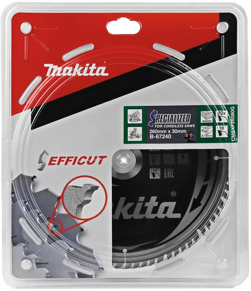 Makita T.C.T. pjūklas EFFICUT 260X2.15X30mm 10° T80 B-67240 T.C.T • 260 x30 mm • T80 • 10° • Medienai