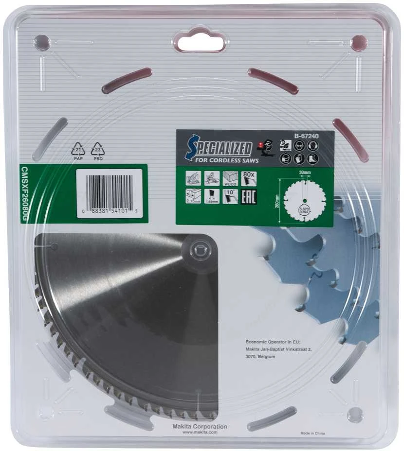 Makita T.C.T. pjūklas EFFICUT 260X2.15X30mm 10° T80 B-67240 T.C.T • 260 x30 mm • T80 • 10° • Medienai