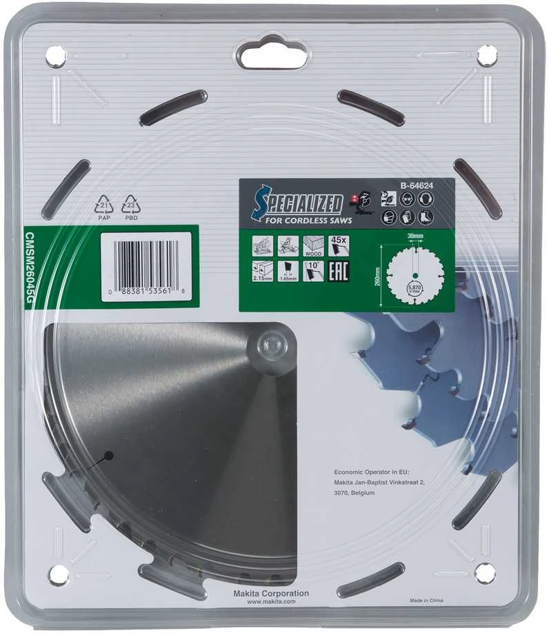 Makita T.C.T. pjūklas EFFICUT 260X2.15X30mm 10° T45 B-64624 T.C.T • 260 x30 mm • T45 • 10° • Medienai
