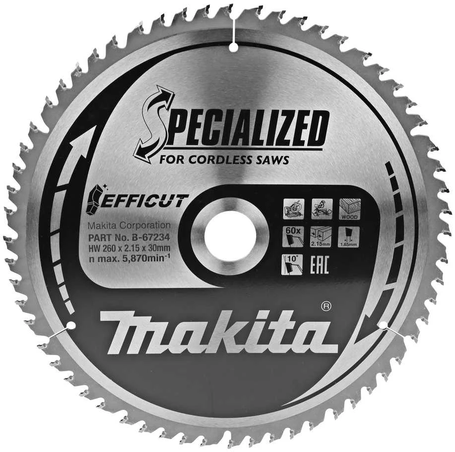 Makita T.C.T. pjūklas EFFICUT 260X2.15X30mm 10° T60 B-67234 T.C.T • 260 x30 mm • T60 • 10° • Medienai