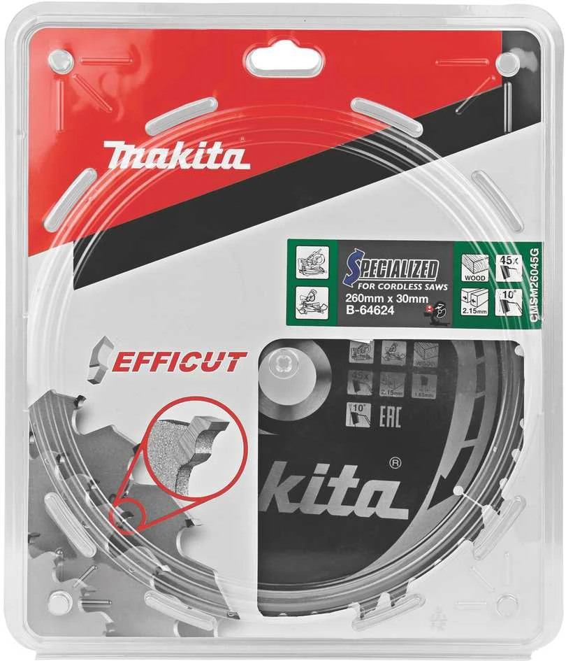 Makita T.C.T. pjūklas EFFICUT 260X2.15X30mm 10° T45 B-64624 T.C.T • 260 x30 mm • T45 • 10° • Medienai