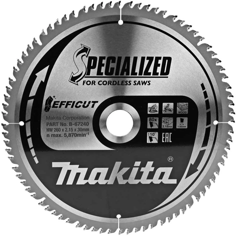 Makita T.C.T. pjūklas EFFICUT 260X2.15X30mm 10° T80 B-67240 T.C.T • 260 x30 mm • T80 • 10° • Medienai