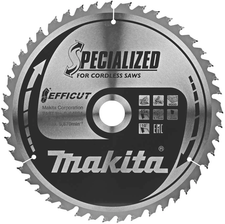 Makita T.C.T. pjūklas EFFICUT 260X2.15X30mm 10° T45 B-64624 T.C.T • 260 x30 mm • T45 • 10° • Medienai
