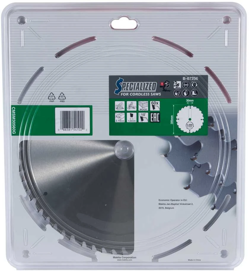 Makita T.C.T. pjūklas EFFICUT 305X2.15X30mm 10° T60 B-67256 T.C.T • 305 x30 mm • T60 • 10° • Medienai