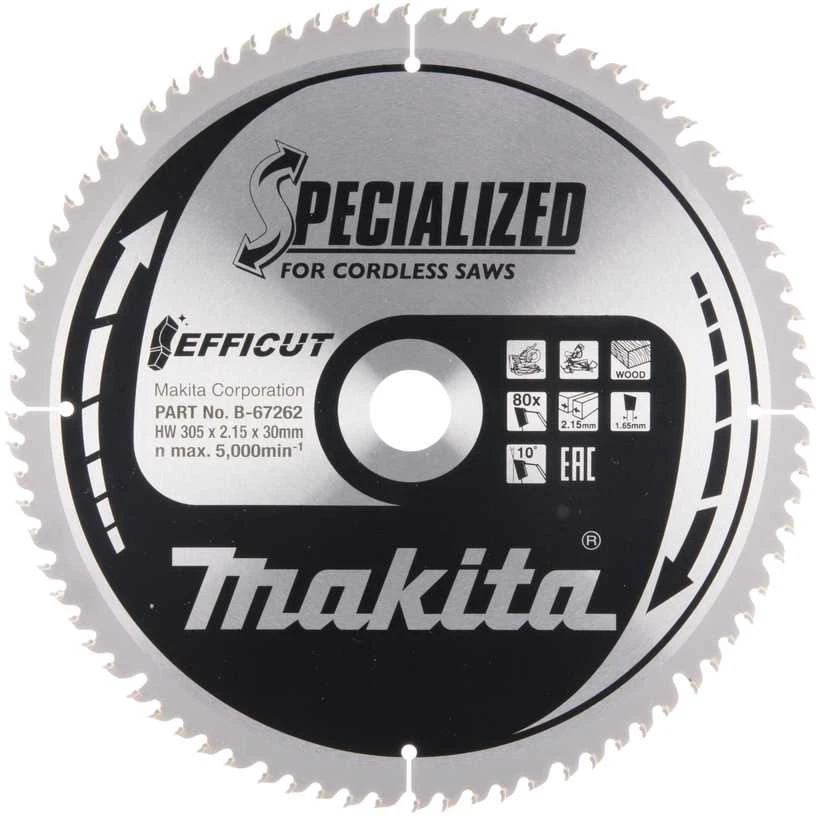 Makita T.C.T. pjūklas EFFICUT 305X2.15X30mm 10° T80 B-67262 T.C.T • 305 x30 mm • T80 • 10° • Medienai