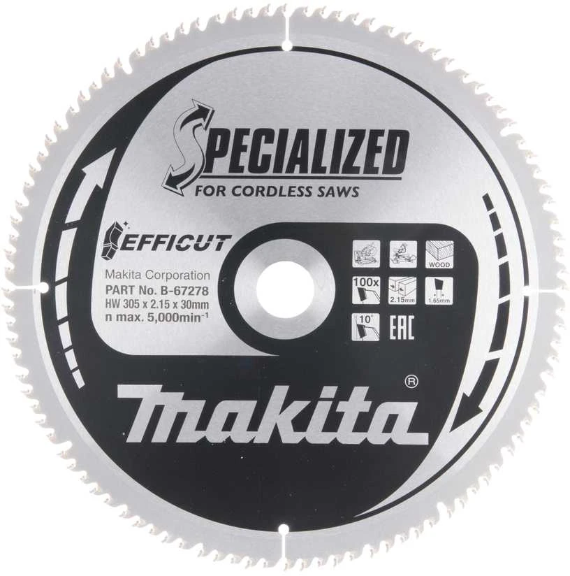 Makita T.C.T. pjūklas EFFICUT 305X2.15X30mm 10° T100 B-67278 T.C.T • 305 x30 mm • T100 • 10° • Medienai