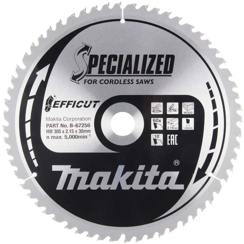 Makita T.C.T. pjūklas EFFICUT 305X2.15X30mm 10° T60 B-67256 T.C.T • 305 x30 mm • T60 • 10° • Medienai