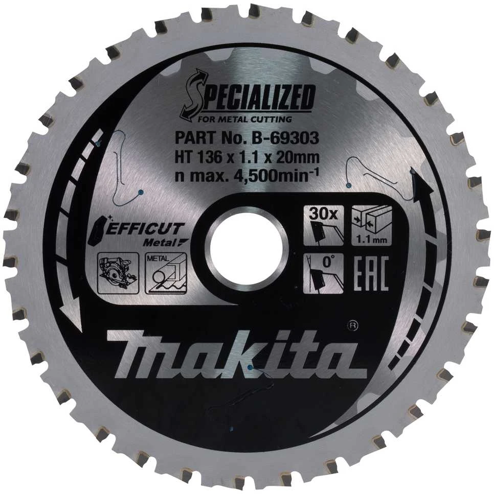 Makita T.C.T. pjūklas EFFICUT METAL 136X1.1X20mm 0° T30 B-69303 T.C.T • 136 x20 mm • T30 • 0° • Metalui
